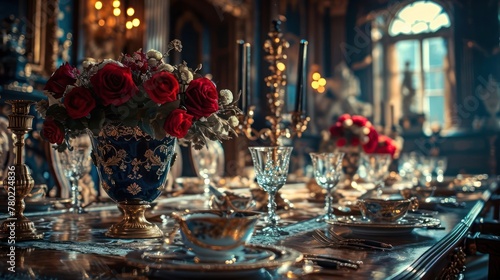 depiction of a romantic dinner date concept, capturing the intricate details of a table adorned with fine china, crystal, and luxurious table settings