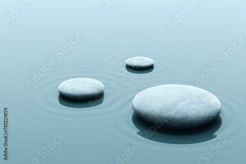 zen stone or rocks pedestal and podium on ponds rivers or onsen water surface ripple blue water ocean cool sea liquid ripple waves stand product display advertising skincare cosmetic. 3D Illustration.