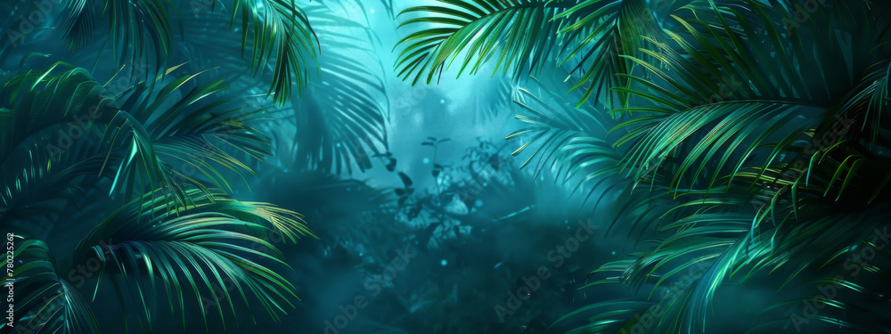 tropical jungle dark background with palm leaves, green and blue colors