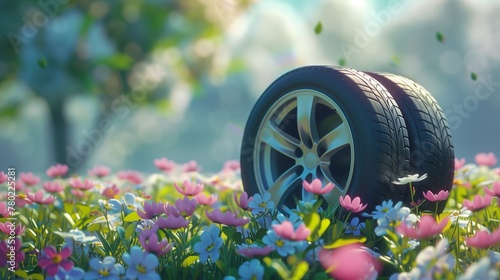 Vibrant greenery surrounds a set of pristine summer tires gleaming in the warm spring sun.  photo