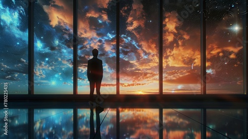 A human diplomat stands in front of a large window looking out at a mesmerizing view of space. The reflection of their figure is captured . . photo