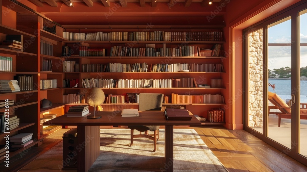 A study or home office with a warm terra cottacolored accent wall and builtin bookshelves lined with a mix of old and new books. The desk is made of rich dark wood and sits in front . A study or home office with a warm terra cottacolored accent wall and builtin bookshelves lined with a mix of old and new books. The desk is made of rich dark wood and sits in front .