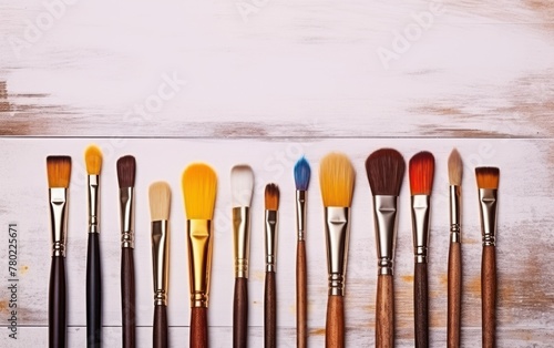 Set of artistic paint brushes on wooden table