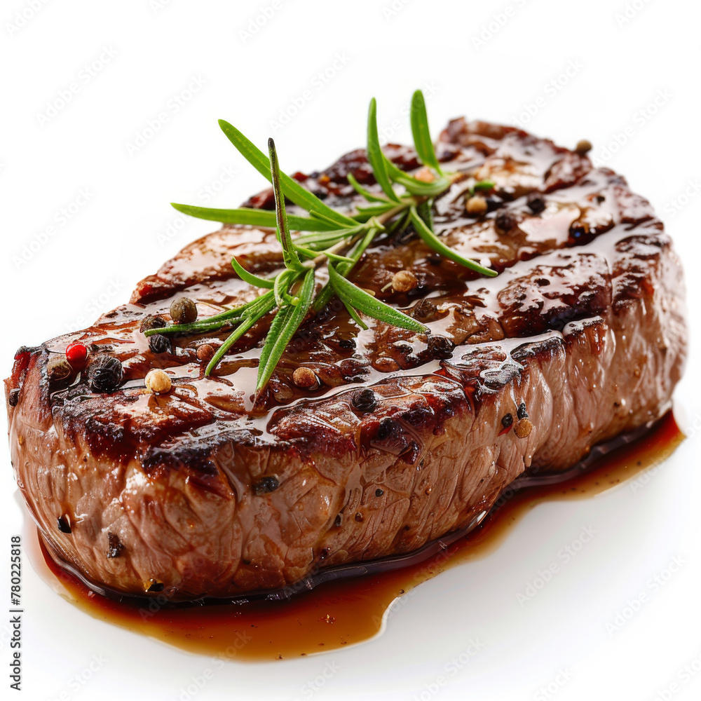 Juicy grilled steak with rosemary and grilled lemon, gourmet food on white background. Juicy grilled steak with rosemary and grilled lemon, gourmet food on white background.