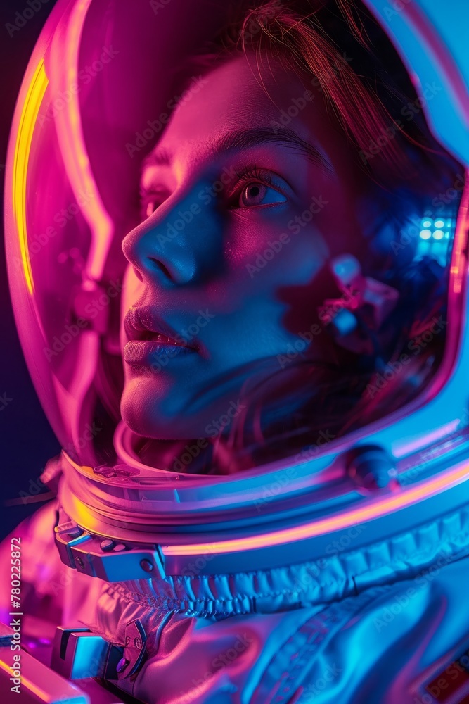 Astronaut woman in a neon dreamlike scape, enigma of the cosmos in her eyes, surreal colors, closeup, mesmerizing ,