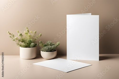 Minimalistic Greeting Card Mockup: Brightly Lit Scene with Soft Shadows and Neutral Tones photo