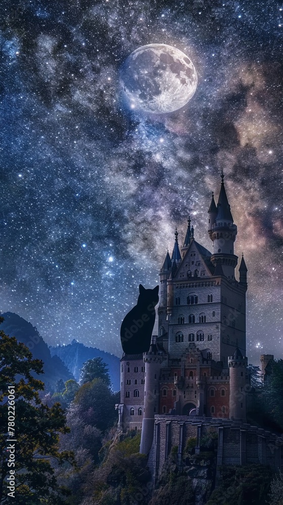Castle under a starry sky, empowering beauty with a cat silhouette against the moon, tranquil ambiance, wide view, serene ,