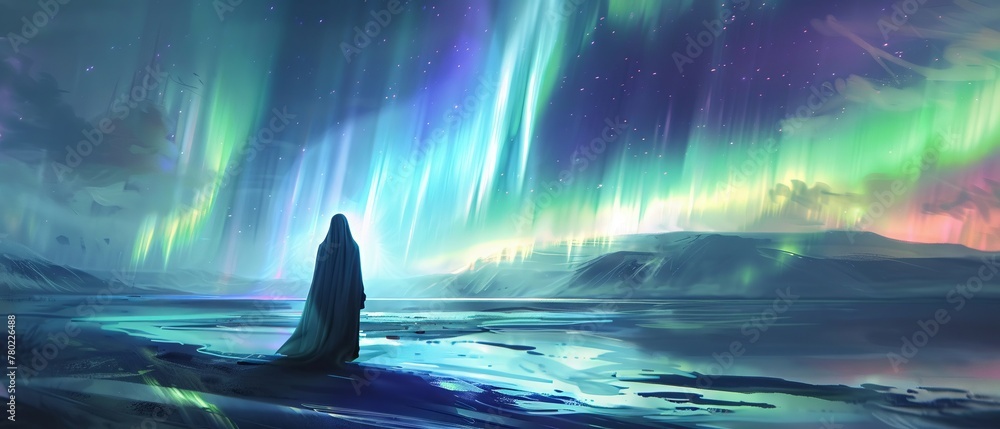 Mysterious ghost observing serene Ragnarok from cosmic distance, ethereal auroras, quiet before storm, vibrant, immersive , Mysterious ghost observing serene Ragnarok from cosmic distance, ethereal auroras, quiet before storm, vibrant, immersive ,