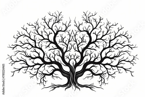 Abstract vector illustration of a tree with bold branches and leaves, in black and white, isolated on white solid background