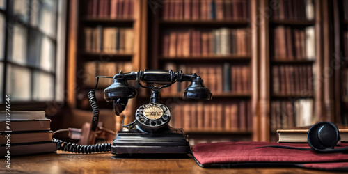 old phone with a background. intage Black Telephone on Wooden Table . A close-up image of a classic black rotary telephone sitting on a worn wooden table. photo
