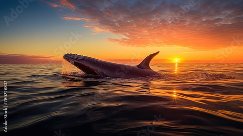Blue Whale majestically swimming near the surface of the ocean during a breathtaking sunset, with the warm hues reflecting off the water, conveying a serene and peaceful atmosphere © SaroStock