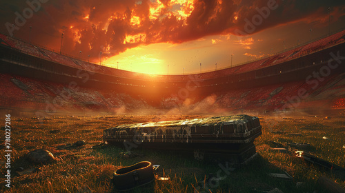 Coffin in center of red stadium, wide angle, eerie twilight, solemn atmosphere photo