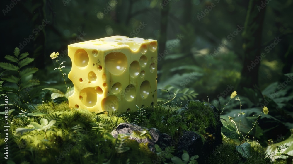 Lush, detailed slice of Emmental cheese, emphasizing its unique holes