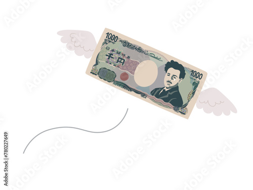 少しリアルな野口英世の旧千円札が飛んでいくイラスト