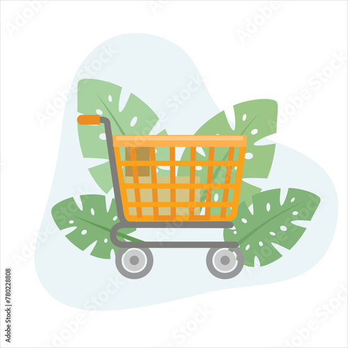 Cart flat design vector Illustration Icon decorated with leaves for web use for market, business, carry, purchase, super market, shop.