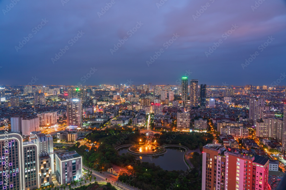Aerial skyline view of Hanoi cityscape at twilight in Cau Giay district, Hanoi