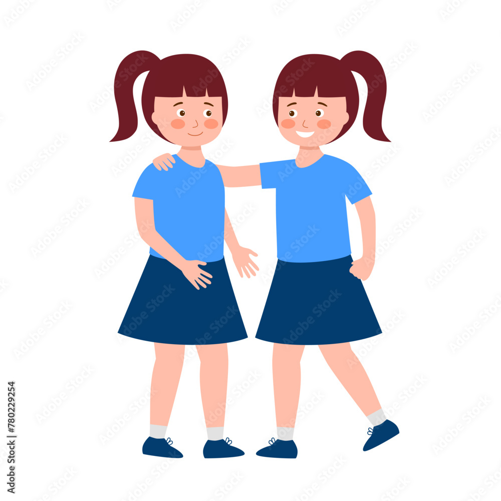 Cute little smiling girls twins in flat design on white background.