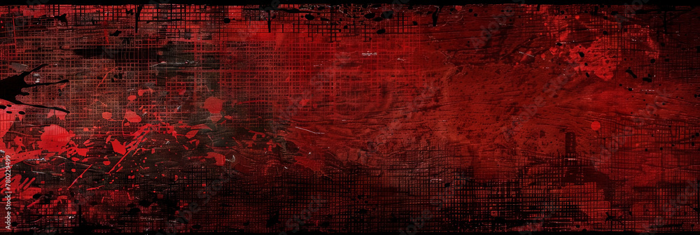 Red splatter background, dark red and black grunge, dark texture, dark grungy background, red background, red texture wall vintage, horror, halloween background,blood  banner - obrazy, fototapety, plakaty 