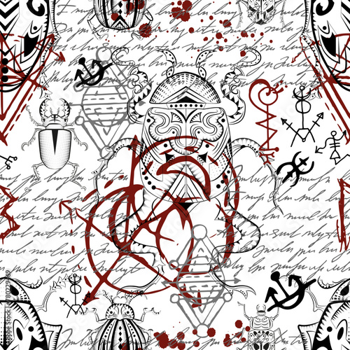 Seamless pattern with mystic decorated bugs and esoteric gothic symbols against white background. No foreign language, all signs are fantasy ones.  