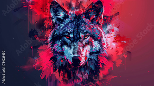 Vibrant digital artwork of a wolf in neon pink and blue tones with an abstract style,ai generated photo