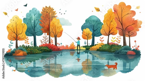 Dog fishing by a forest lake, clipart with vibrant woodland scenery, trees, and a calm water setting, in a cheerful style