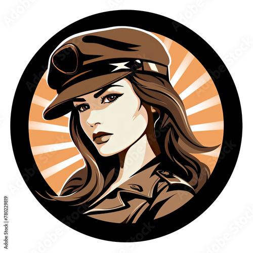 A logo of a woman soldier with brown eyes within a circle