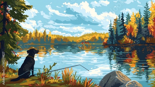 Dog fishing by a forest lake, clipart with vibrant woodland scenery, trees, and a calm water setting, in a cheerful style photo