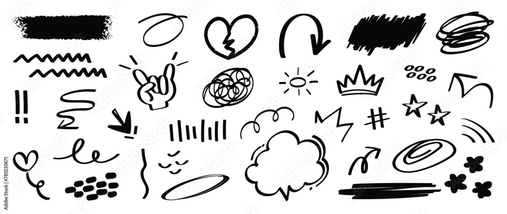 Set of cute pen line doodle element vector. Hand drawn doodle style collection of heart, arrows, scribble, speech bubble, sparkle, crown. Design for print, cartoon, card, decoration, sticker.