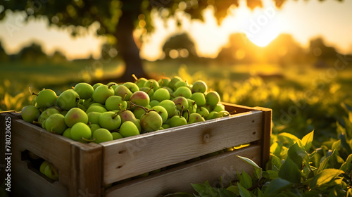 Greengages harvested in a wooden box in an orchard with sunset. Natural organic fruit abundance. Agriculture, healthy and natural food concept. Horizontal composition. photo