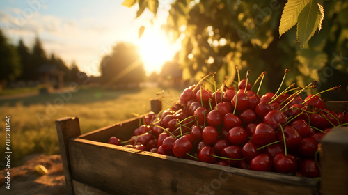 Sour cherries harvested in a wooden box in an orchard with sunset. Natural organic fruit abundance. Agriculture, healthy and natural food concept. Horizontal composition.