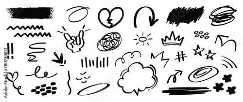 Set of cute pen line doodle element vector. Hand drawn doodle style collection of heart, arrows, scribble, speech bubble, sparkle, crown. Design for print, cartoon, card, decoration, sticker.