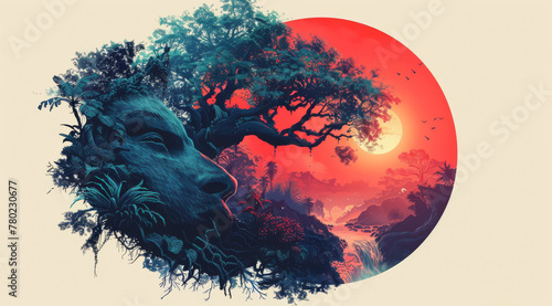 Mystical art of a lion silhouette with a red moon in a jungle setting, ai generated photo