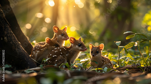 Quoll family in the forest with setting sun shining. Group of wild animals in nature.