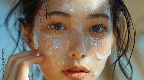 close up of an Asian woman is wearing hydrated paper sheet mask, hand touching slightly on face © Lina