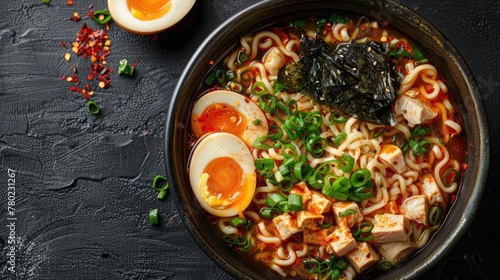 Ramen  Noodles served in a flavorful broth  often with toppings such as sliced pork  green onions  boiled egg  and seaweed