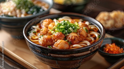 Udon: Thick wheat noodles served in a savory broth, often with toppings like tempura, green onions, and fish cakes
