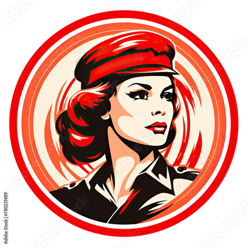 A logo of a woman soldier with a red beret seen from the side within a circle