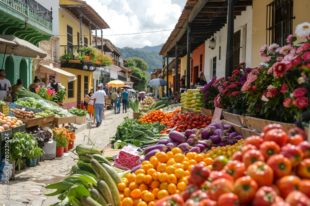 A vibrant market square with bustling stalls selling fresh produce flowers