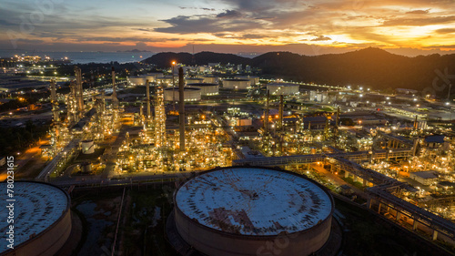 Photography Oil Refinery Gas Chemical Equipment Prodiction import export Concept, Crude Oil Refinery Plant Steel Pump Pipe line and Chimney and Cooling tower, Chemical or Petrochemical Factory plant, industry