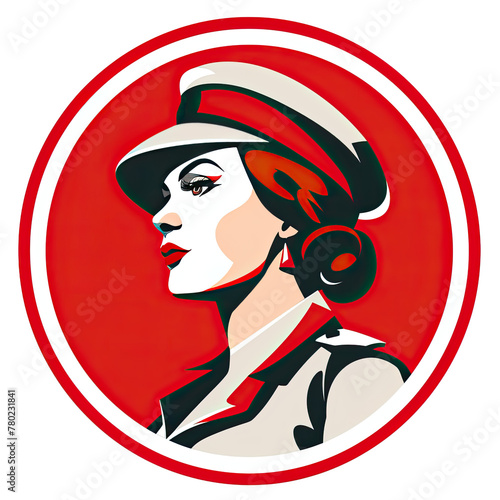 A logo of a woman soldier with a red hat on a red background, seen from the side within a circle