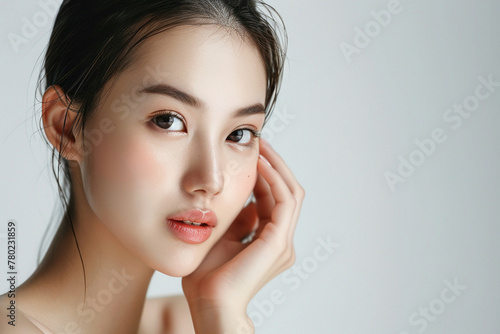 Beautiful Asian woman shoots an advertisement for beautiful facial skin in the studio white background.