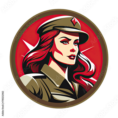 A logo of a woman soldier with red hair and a brown hat within a circle