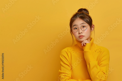 Brainstorm ideas concept portrait of asian girl thinks and looks puzzled stands thoughtful in yellow.