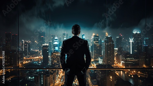 back view of a business man standing amidst the mesmerizing night cityscape, with hologram lights illuminating the urban environment, Business man standing on city