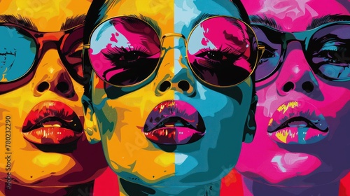 An impactful pop art image featuring a trio of women s faces in bold  contrasting colors with reflective sunglasses  symbolizing diverse beauty.