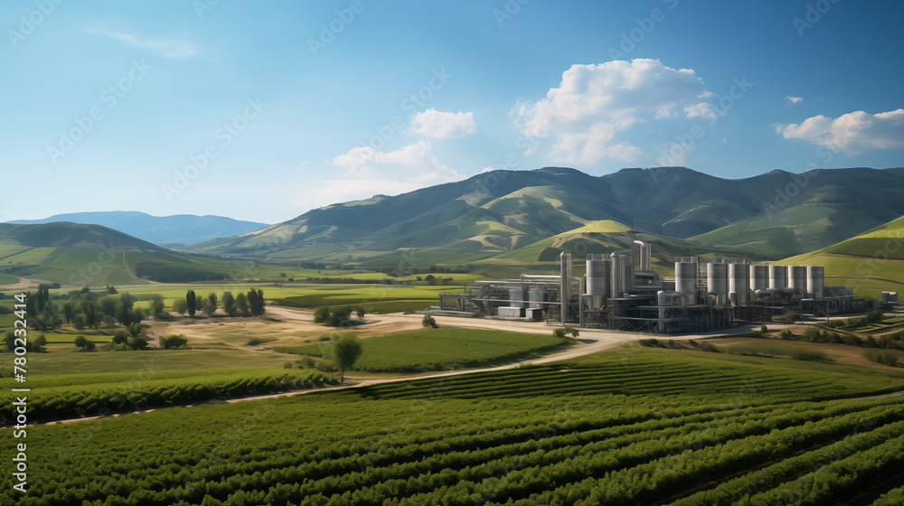 Fototapeta premium Nature's Embrace: Winery Nestled in Vibrant Vineyards & Rolling Hills