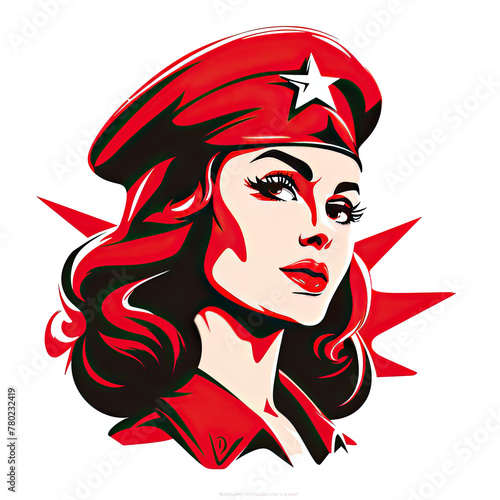 A logo of a woman soldier with a red beret and a star