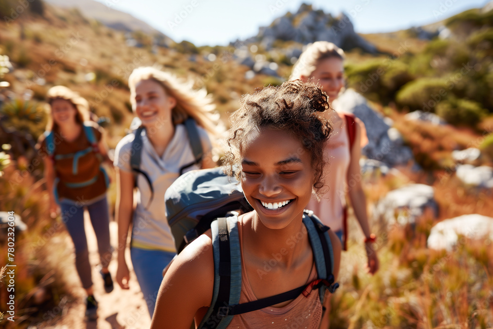 Four women are hiking in the mountains, smiling and enjoying the outdoors