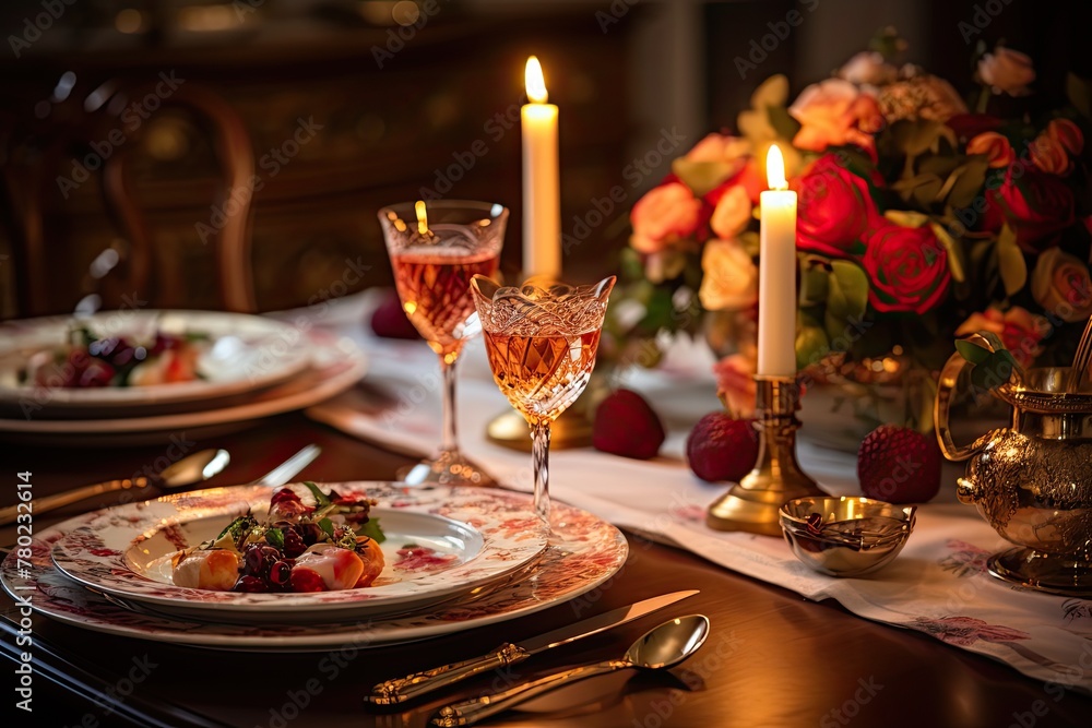 set dinner table, bathed in warm candlelight, adorned with fine china and crystal glasses, showcasing a delectable array of gourmet dishes