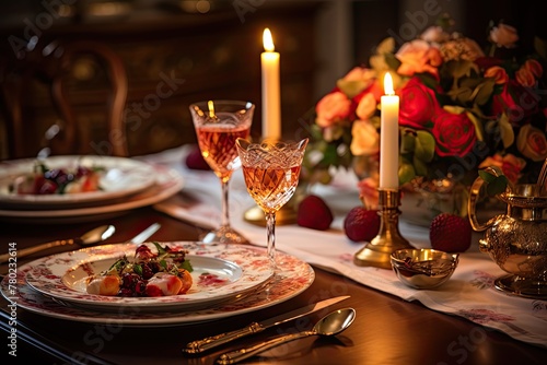 set dinner table  bathed in warm candlelight  adorned with fine china and crystal glasses  showcasing a delectable array of gourmet dishes